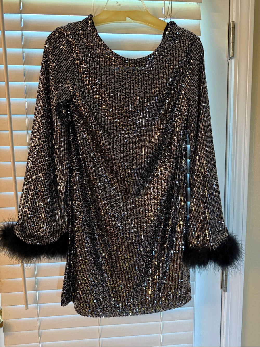 Sequin Long Sleeve dress with Feather Cuffs - Black
